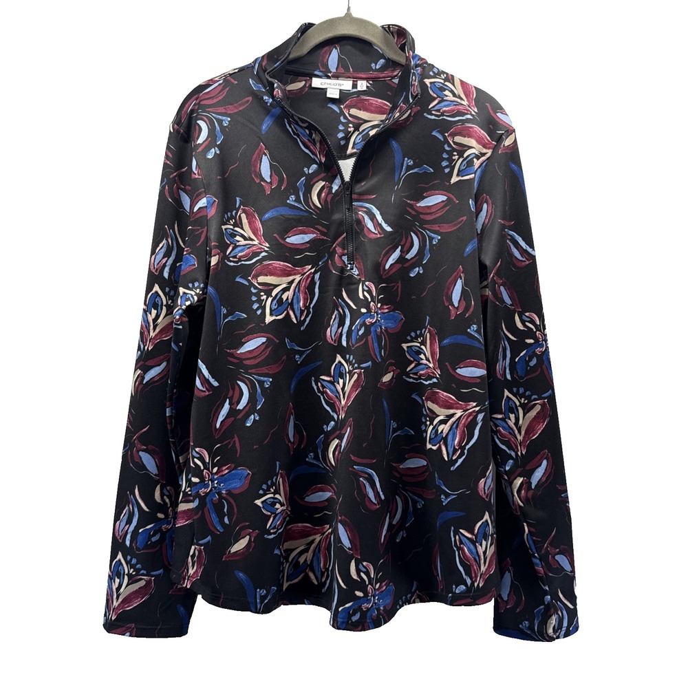 Chicos Women's Top Size Large Long Sleeve 1/4 Zip Pullover Black Floral Stretch